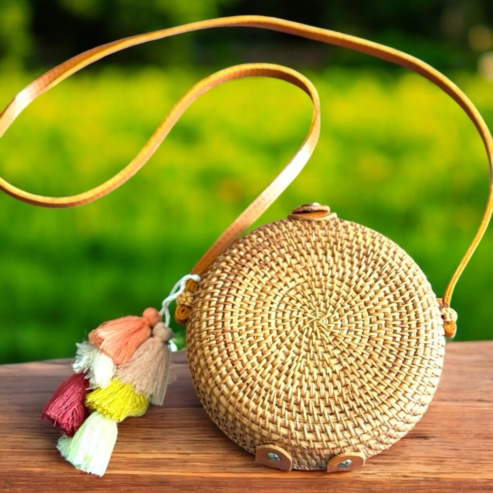 Round Woven Tan Bag with Tassels